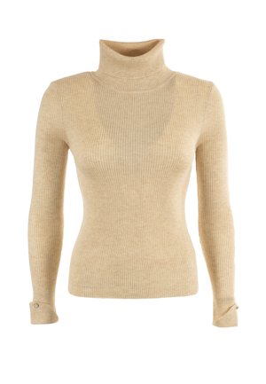 Suéter de cuello alto beige con textura acanalada, mangas largas y detalles de botones en los puños. Textura suave, diseño ajustado, ideal para superponer.