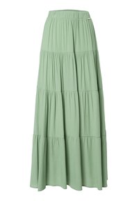 Falda maxi en verde claro, con capas escalonadas y fabricación en tejido suave. Presenta una cinturilla elástica y un diseño fluido con tres capas con volantes.