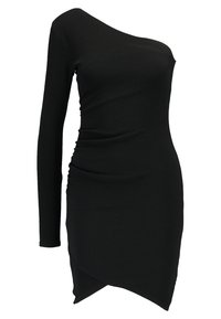 Svart, enaxlad klänning med lång ärm, kroppsnära passform, med rynkning på sidan och en diagonal nederkant för en slank silhuett.