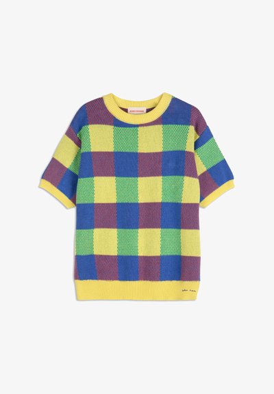 Pull en maille à manches courtes avec un motif à carreaux vibrant en jaune, bleu, vert et rouge, doté d'un col rond et d'un ourlet côtelé.