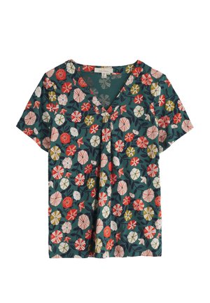 Floral blouse with short sleeves, v-neck, and teal background. Features red, white, and yellow flowers with green leaves. Lightweight fabric.
