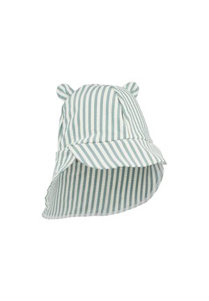 Ριγέ καπέλο τύπου κάδος σε ανοιχτό γαλάζιο και λευκό, με αυτιά ζώου. Διαθέτει ευρύ γείσο και υφή υφάσματος για προστασία από τον ήλιο.