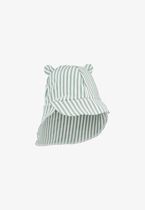 Pruhovaný klobouk typu bucket v světle modré a bílé barvě s ušima zvířat. Má širokou krempu a texturovanou látku pro ochranu proti slunci.