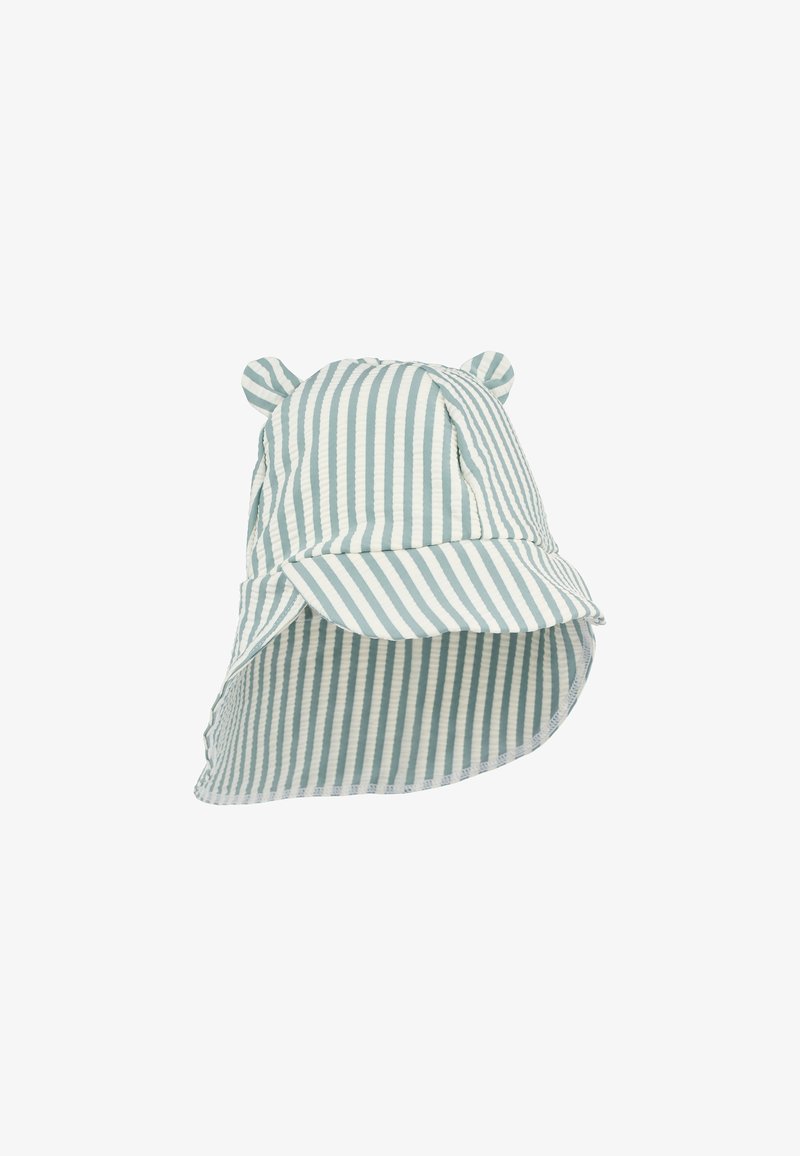 Ριγέ καπέλο τύπου κάδος σε ανοιχτό γαλάζιο και λευκό, με αυτιά ζώου. Διαθέτει ευρύ γείσο και υφή υφάσματος για προστασία από τον ήλιο.