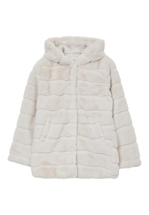 Cappotto in pelliccia sintetica di un beige chiaro, dotato di cappuccio, motivo a righe orizzontali, due tasche frontali e una finitura morbida e texture.