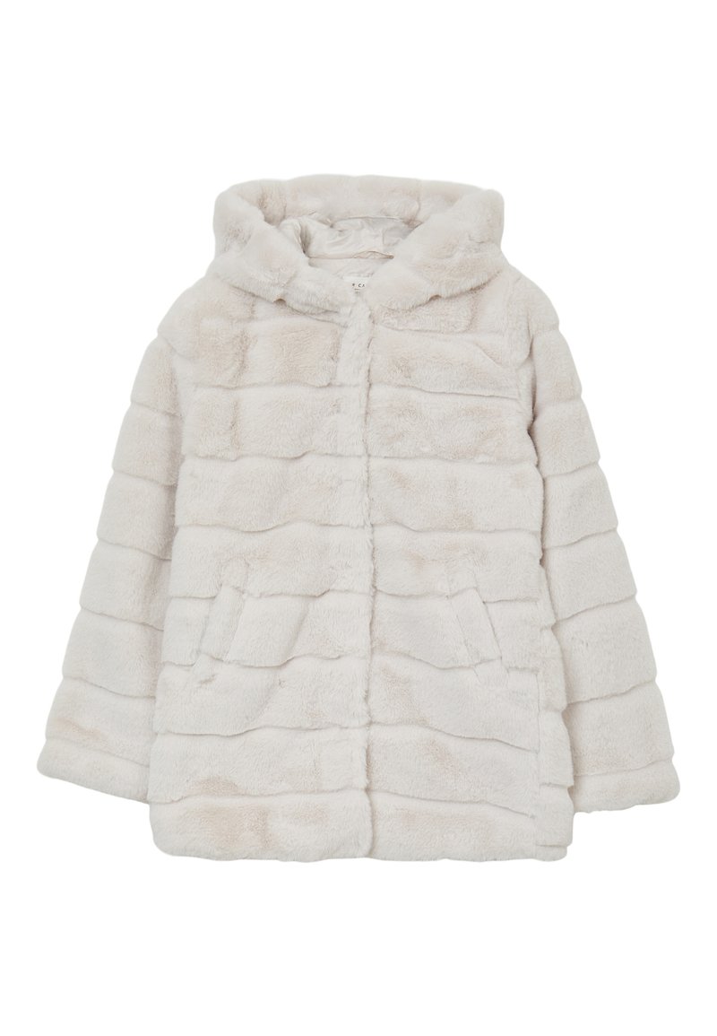 Faux-Fur-Mantel in hellbeige, mit Kapuze, horizontalem Streifenmuster, zwei vorderen Taschen und einer weichen, strukturierten Oberfläche.