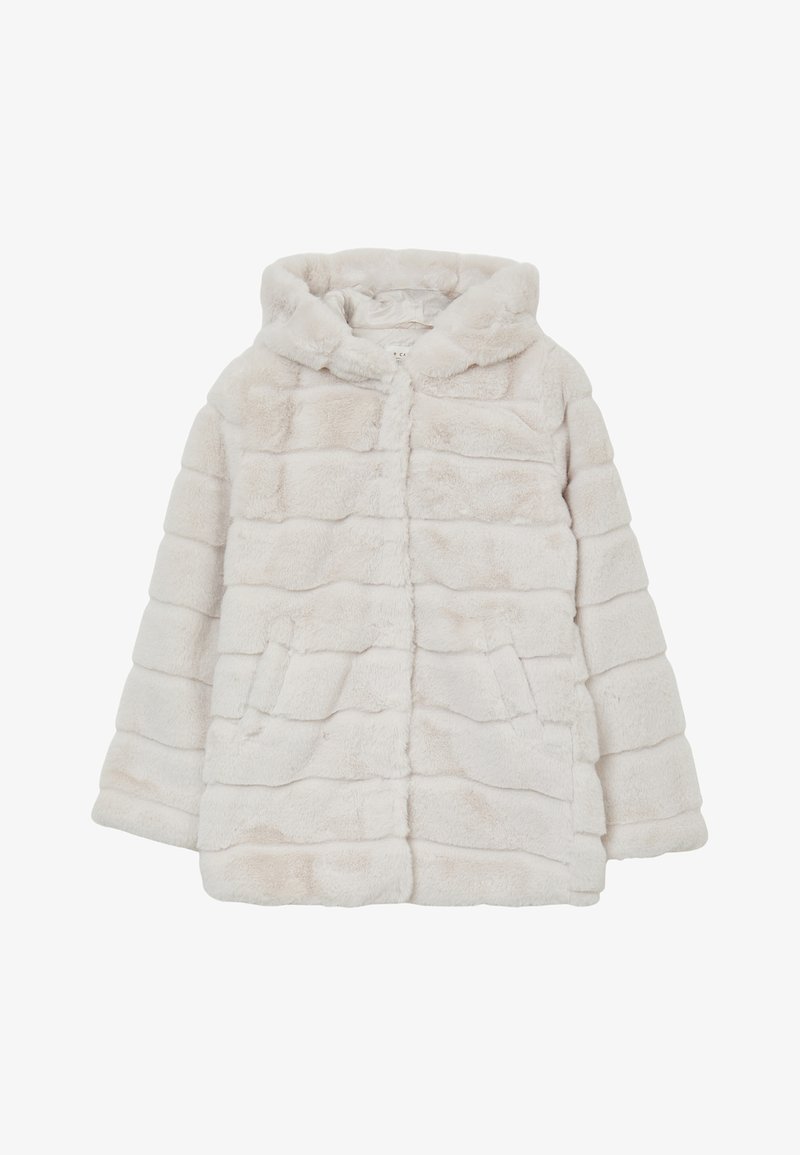 Faux-Fur-Mantel in hellbeige, mit Kapuze, horizontalem Streifenmuster, zwei vorderen Taschen und einer weichen, strukturierten Oberfläche.