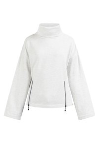 Sudadera gris claro con cuello alto tipo embudo, hombros caídos y dos bolsillos frontales con cremallera. Fabricada en un suave tejido texturizado.