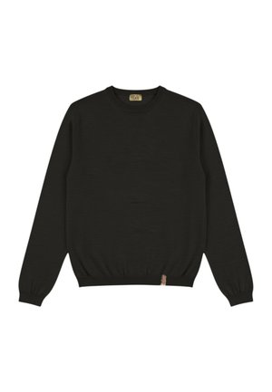 Maglione nero a maniche lunghe con collo rotondo, polsini e orlo a coste, con una piccola etichetta beige in tessuto vicino all'orlo.