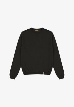 Maglione nero a maniche lunghe con collo rotondo, polsini e orlo a coste, con una piccola etichetta beige in tessuto vicino all'orlo.