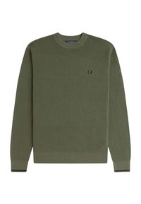 Maglione lavorato a maglia verde oliva con tessuto testurizzato, colletto rotondo e polsini a righe bianche e nere. Presenta un piccolo logo sul petto.