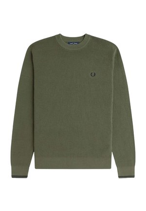 Olijfgroene gebreide trui van textuurstof, met ronde hals en zwart-witte gestreepte manchetten. Heeft een klein logo op de borst.