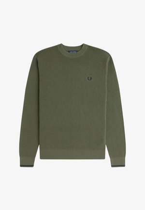 Olijfgroene gebreide trui van textuurstof, met ronde hals en zwart-witte gestreepte manchetten. Heeft een klein logo op de borst.