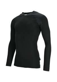 Zwarte langlopende basislaag shirt met een geribbelde textuur, ronde hals en raglanmouwen. Gemaakt van rekbaar materiaal voor comfort en pasvorm.
