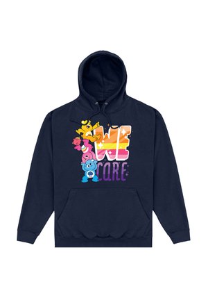 Granatowy hoodie z grafiką z przodu, na której widnieje napis "TROCHĘ TROSZCZYMY SIĘ" w jaskrawych kolorach, ozdobiony rysunkowymi postaciami misia i kwiatów.