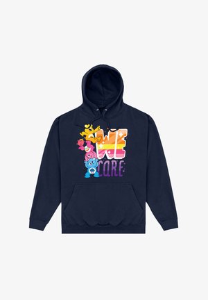 Marineblauer Kapuzenpullover mit einem Grafikdruck auf der Vorderseite, der den Text "WIR KÜMMERN UNS" in leuchtenden Farben zeigt, verziert mit Cartoonbären und Blumenelementen.