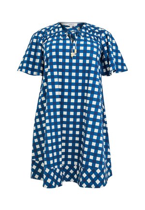 Blauw-wit geruite jurk met korte mouwen, een ruchtrand aan de zoom en een gestrikte halslijn met kleine houten kralen.