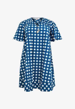 Blå- og hvidternet kjole med korte ærmer, flæsekant og bundet halsudskæring med små træperler.