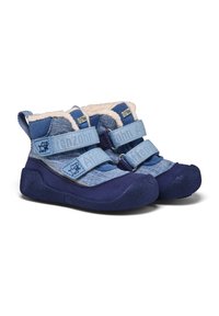 Blaue Textil- und Synthetik-Hochtopschuhe mit flauschigem Futter, ausgestattet mit Klettverschlüssen und einer gemusterten Gummisohle.