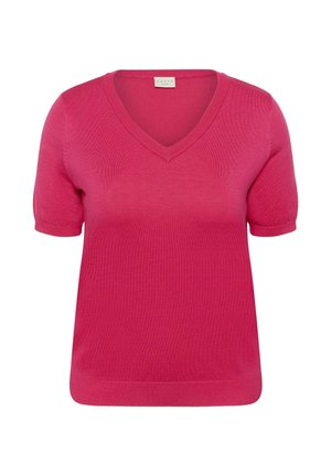 Svetlo ružový krátky pletený top s výstrihom do V a rebrovanými lemami na rukávoch, krku a spodnom okraji.