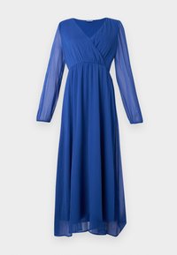 Vestido maxi azul de manga longa com mangas transparentes, corpete envolvente em V e cintura franzida, apresentado contra um fundo branco simples.