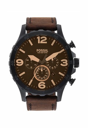 Fossil Herren Chronograph in Schwarz mit großen beigen Zahlen, drei Hilfszifferblättern, Datumsfenster und braunem Lederarmband, wasserdicht bis 100 Meter.