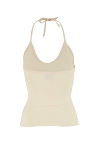 Beige halterneck-top lavet af glat stof, med en dyb udskæring, tætsiddende overdel og en flared kant med en slipslås i nakken.