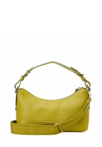 Gelb-grüne, strukturierte Lederhandtasche mit kurzem Griff und langem, verstellbarem Stoffriemen, der mit geprägtem Branding versehen ist.