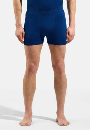 Navy blue boxer shorts with a smooth texture, featuring a fitted design and a wide, stretchy waistband. No visible patterns or accents.