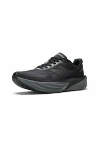 Schwarzer Sportschuh mit einem atmungsaktiven Mesh-Obermaterial, einer unterstützenden Zwischensohle und einer strukturierten Gummisohle. Mit eleganten geometrischen Akzenten.