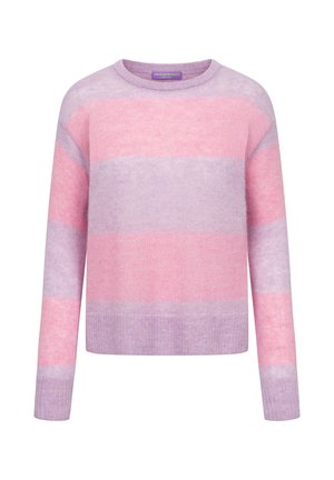 Zachte gebreide trui met brede horizontale roze en lavendelkleurige strepen, ronde hals en lange mouwen.