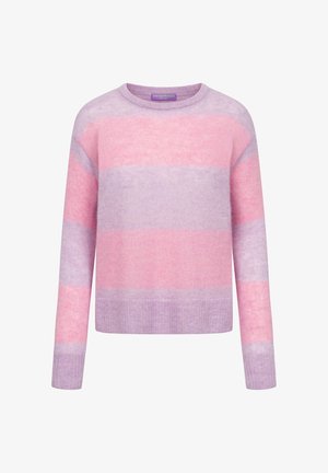 Zachte gebreide trui met brede horizontale roze en lavendelkleurige strepen, ronde hals en lange mouwen.
