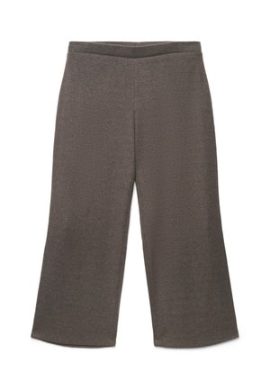 Pantaloni marroni a gamba larga taglio cropped con vita elastica e senza tasche o chiusure visibili.
