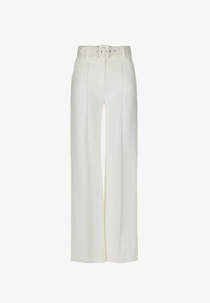 Pantaloni bianchi a gamba larga con cintura, caratterizzati da una finitura liscia, un design strutturato e doppie pieghe frontali per un tocco di dettaglio in più.