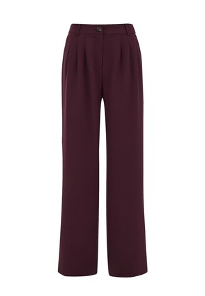 Pantaloni cu talie înaltă și picioare largi, în bordeaux închis, cu pliuri, bucle pentru curea și închidere cu un singur nasture la talie.