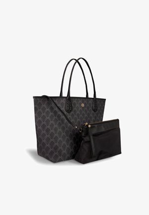 Sac fourre-tout noir avec un motif en diamants texturé, associé à une petite pochette noire avec fermeture éclair et accents en cuir.