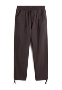 Dark brown, lightweight, elastic waistband pants with two side pockets, tapered legs, and adjustable drawstrings at the cuffs.