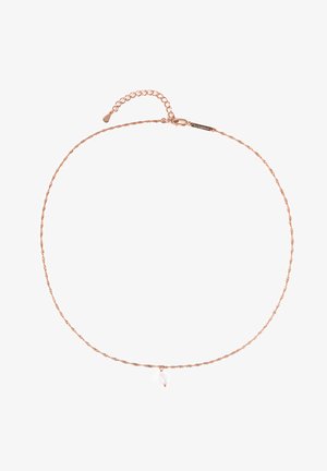 Collana delicata in oro rosa con design attorcigliato, caratterizzata da un piccolo ciondolo di perla appeso al centro. Chiusura con gancio regolabile.