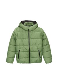 Grüne Pufferjacke mit Kapuze, ausgestattet mit einem Reißverschluss vorne, zwei schwarzen Reißverschlusstaschen und einem gesteppten Design. Schwarze Innenauskleidung.