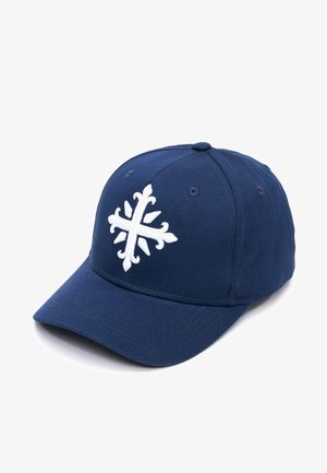 Marineblaues Baseballcap aus Baumwolle mit einem leicht gebogenen Schirm, auf der Vorderseite mit einem auffälligen, weißen gestickten Schneeflockenmotiv.