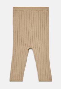 Bežid ribaga kootud beebileggingsid elastse vöökoha, sirgete jalgade ja vertikaalsete tekstuuriribadega.