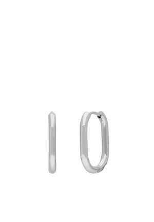 Silberne Metallohrringe in Form von schlanken, länglichen Ovale. Glatte Textur und minimalistisches Design, mit einem sicheren Verschlusssystem.