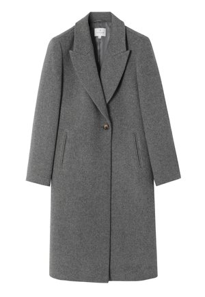 Hallhallane villasegu mantel, millel on nurgelapeld, ühe nööbiga sulgemine, kaks esist taskut ja lõtv sobivus. Pehme tekstuur ja keskmise pikkusega disain.