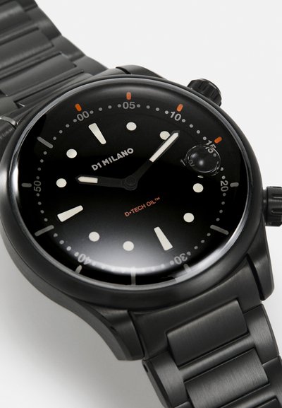 Black wristwatch with a metallic band, featuring a black dial with white hour markers, orange accents, and a date window at three o'clock.