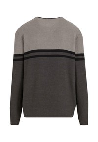Grau gemusterter Pullover mit Rundhalsausschnitt, der horizontale Streifen in dunklerem Grau und Schwarz aufweist. Gestrickte Textur und lange Ärmel.