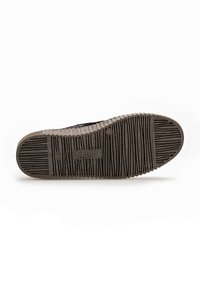 Schwarze Schuhsohle mit strukturierten Rillen, die ein Gabor-Logo trägt. Das Material scheint Gummi zu sein und hat ein geripptes Muster für verbesserten Grip.