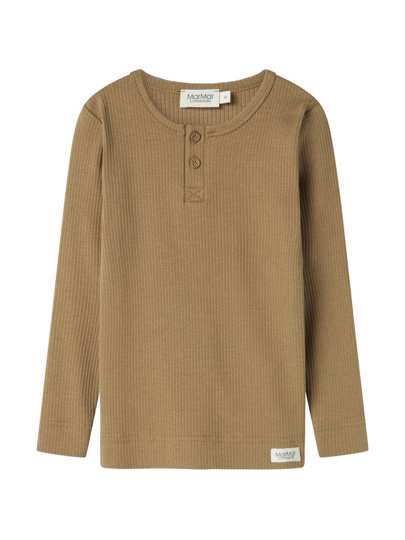 Gestreepte bruine lange mouw shirt met een ronde hals, drie bruine knopen bij de neklijn en een merketiket aan de onderzijde van de linker zoom.