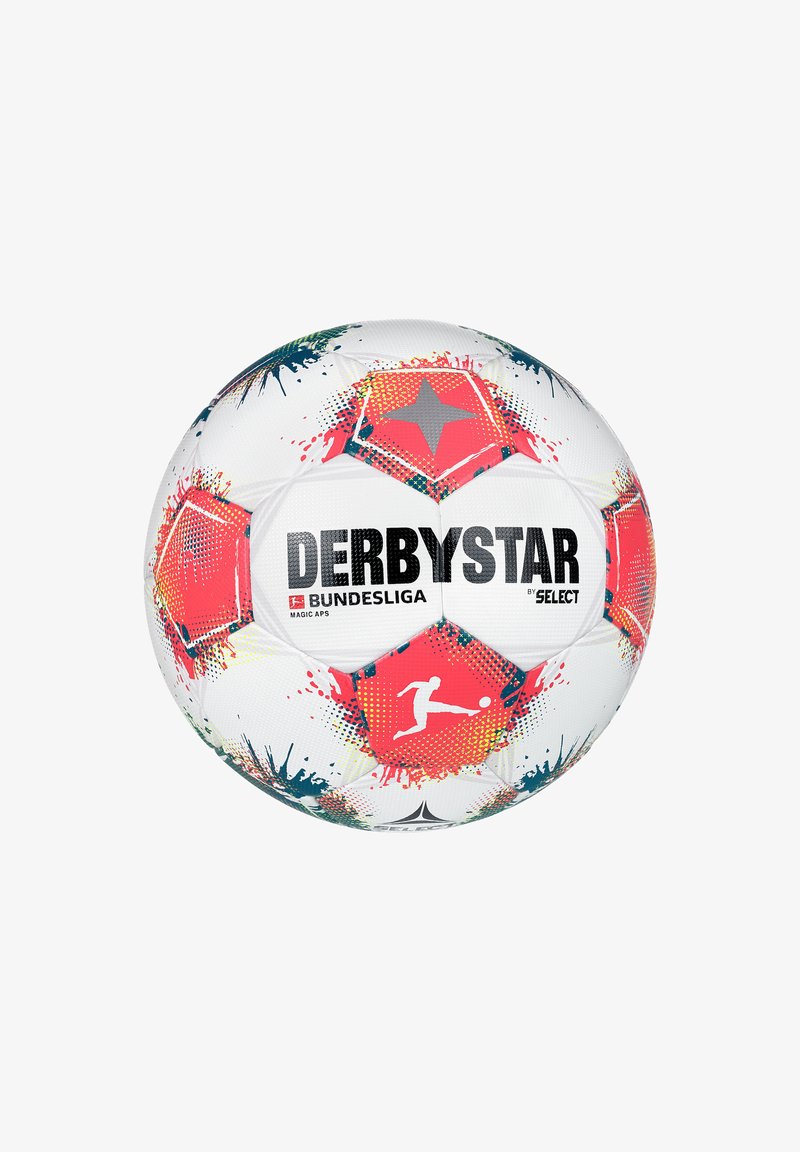 Palla da calcio bianca con pannelli esagonali rossi e blu, caratterizzata da un design a stella, "DERBYSTAR" e una grafica di un giocatore; superficie testurizzata.