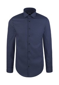 Granatowa koszula z długim rękawem w kropki, z klasycznym kołnierzykiem i czarnymi guzikami z przodu. Gładka bawełniana tkanina.