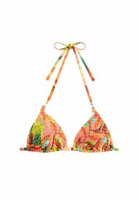 Trojuholníkový bikiny top v farebnej látke s nariasenou textúrou, nastaviteľnými viazaniami s mnohobarevnými vzormi a ľahkým, elastickým materiálom.